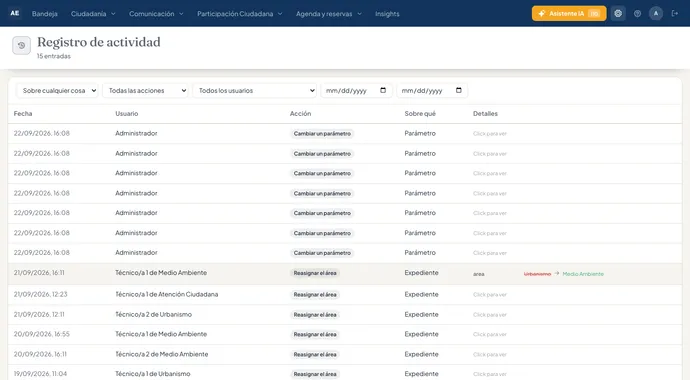 Registro de actividad del panel con filtros y la lista de cambios